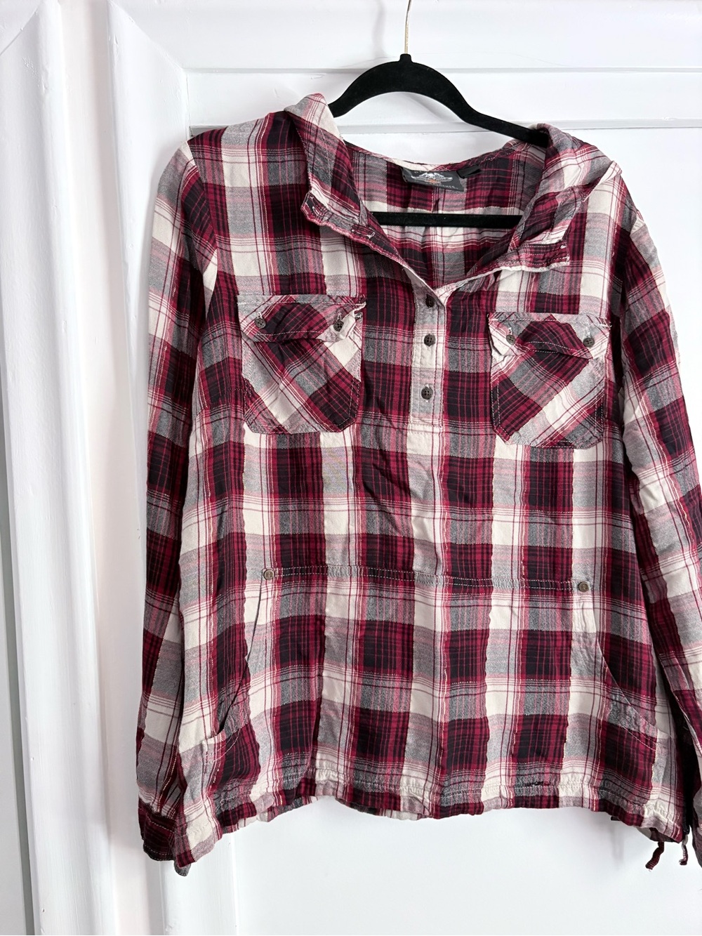 Women’s Red and White Plaid Hooded Button Henley Shirt